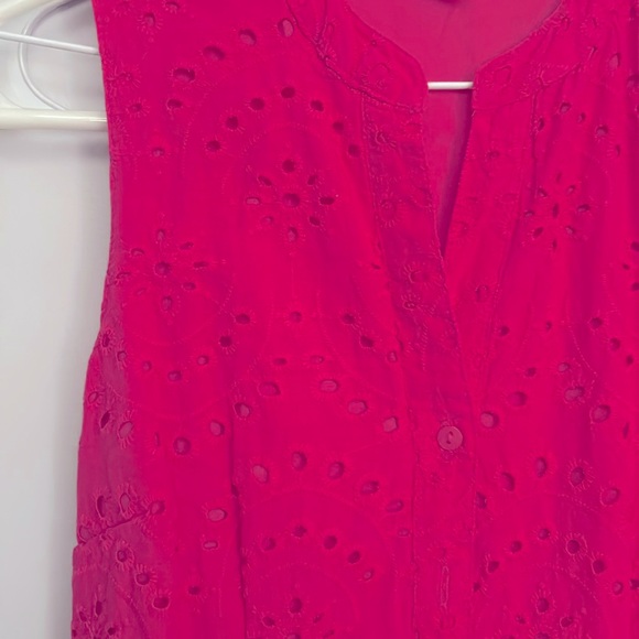 Japra size s hot pink eyelet tiered button down dress elastic waist above knee - Picture 2 of 5